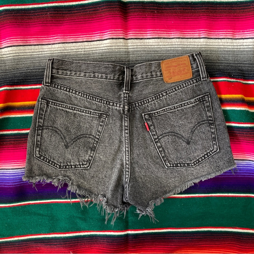 Distressed Black 501 Levi’s Denim Shorts - Picture 2 of 5